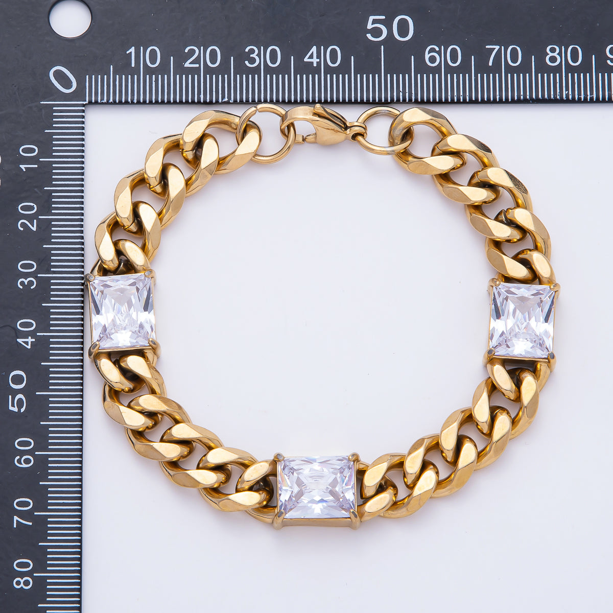 Gold Stainless Steel 10.5mm Triple Baguette CZ Curb Chain 8.46 Inch Bracelet | WA-04163