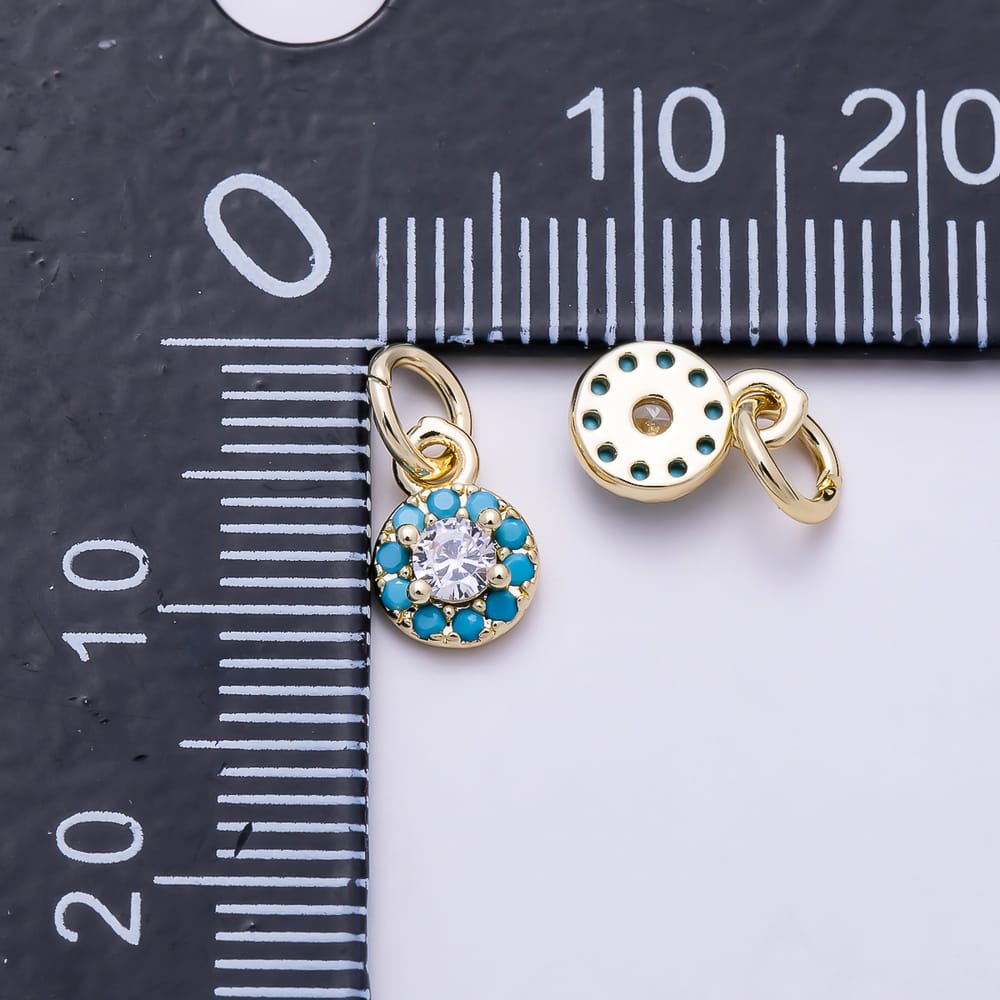 16K Gold Filled 8mm Clear Round CZ Turquoise Circle Charm | Charms-02175