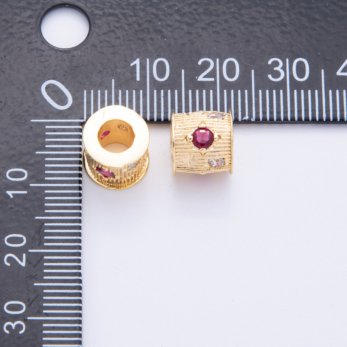 18K Gold Filled Fuchsia Clear CZ Line-Textured Rondelle Bead Spacer | AF1033
