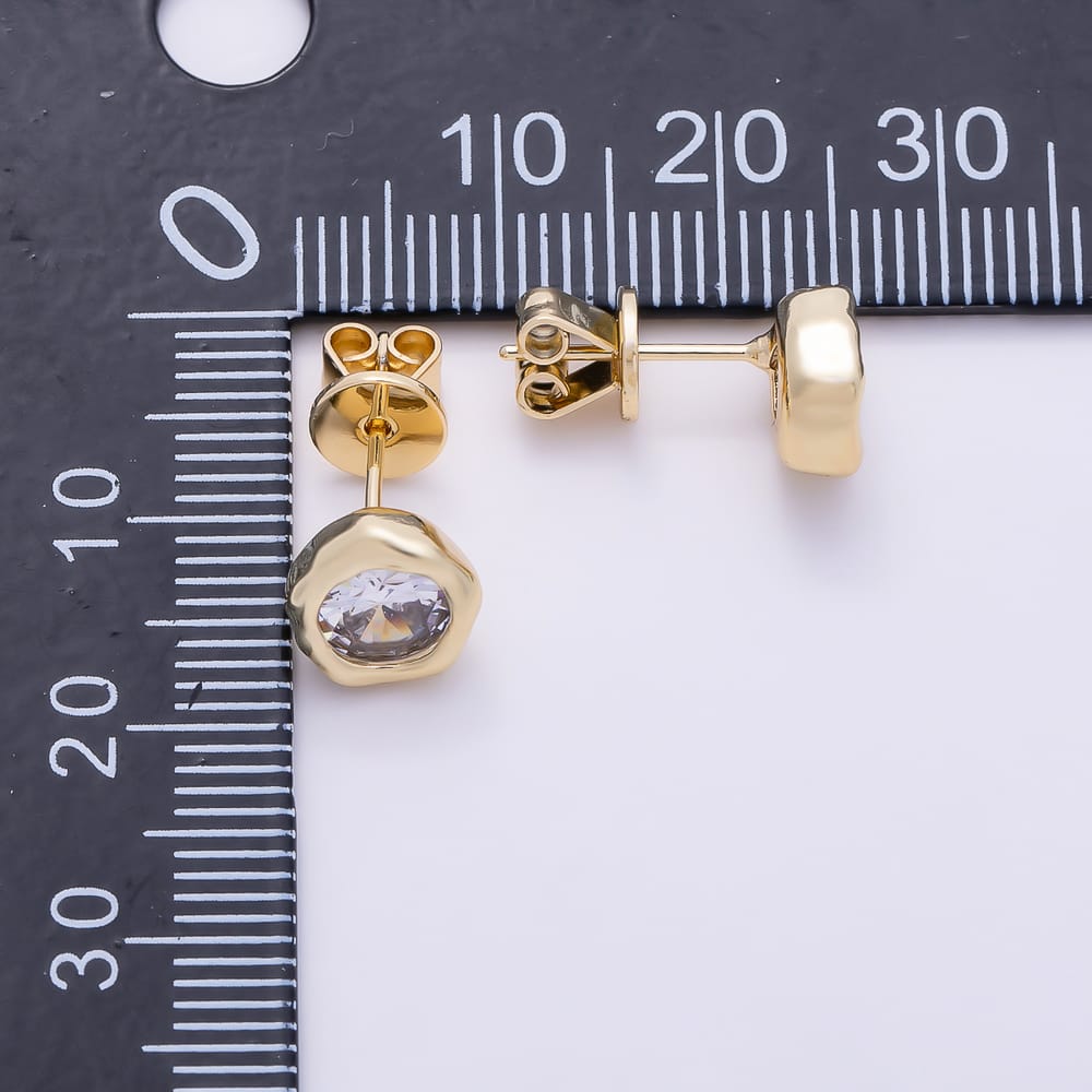 16K Gold Filled 9mm Clear CZ Molten Round Bezel Stud Earrings in Gold & Silver | Earrings-01066 Earrings-01067