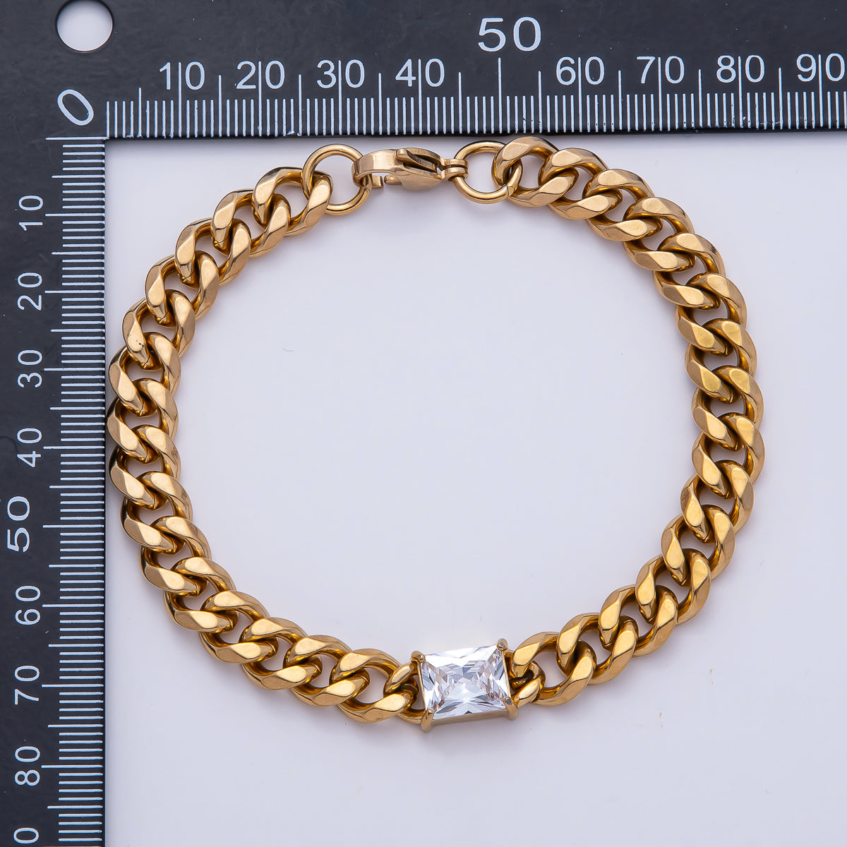 Gold Stainless Steel 9mm Baguette CZ Curb Chain 9 Inch Statement Bracelet | BR-2023