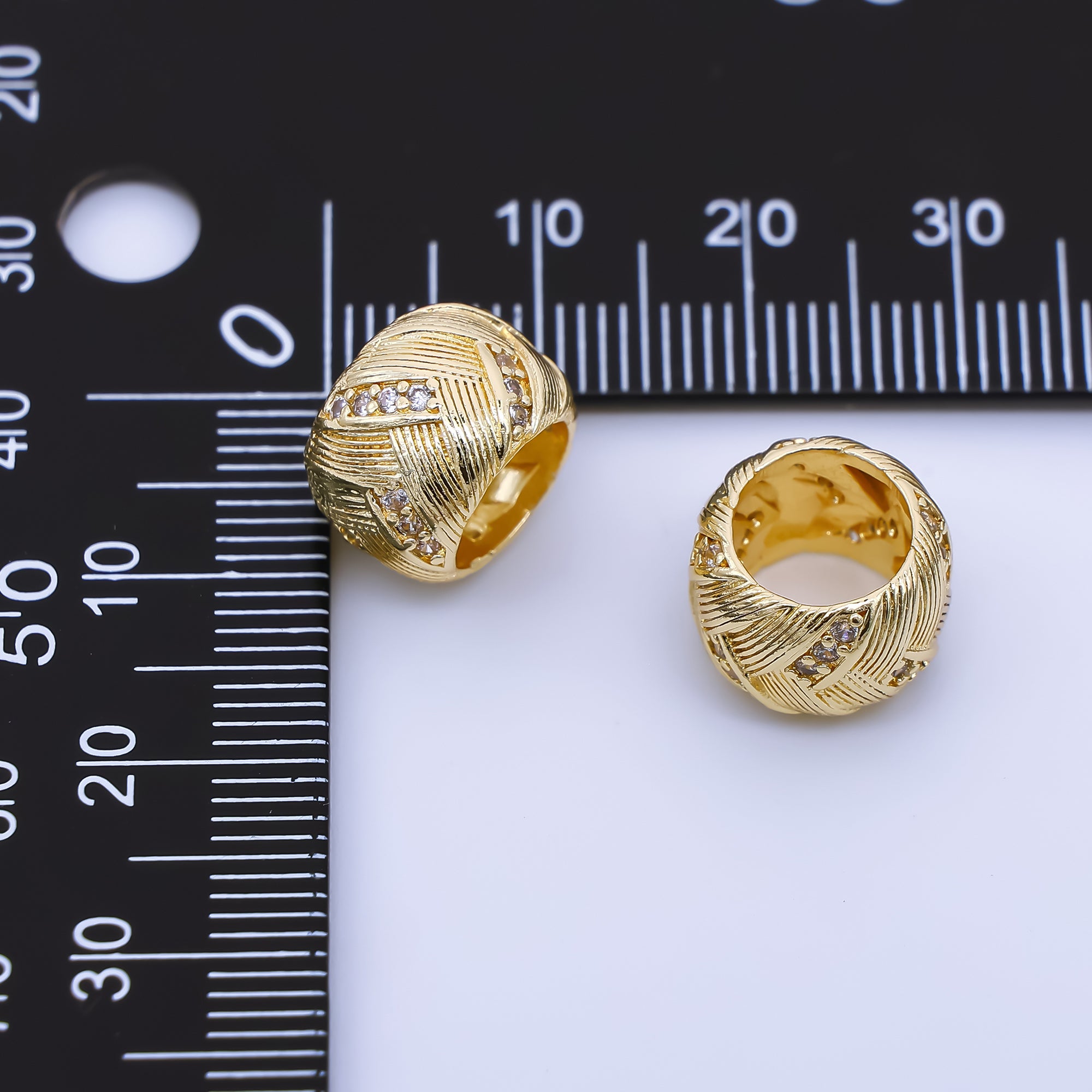 24K Gold Filled 9mm Micro Paved CZ Ribbed Textured Tube Bead Spacer | B479