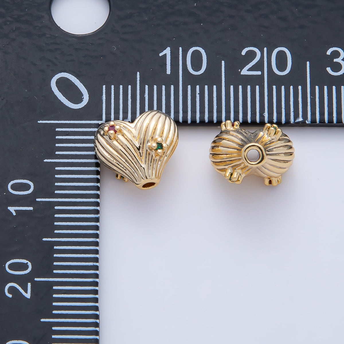 18K Gold Filled Clear CZ Ribbed Heart Bead | B460