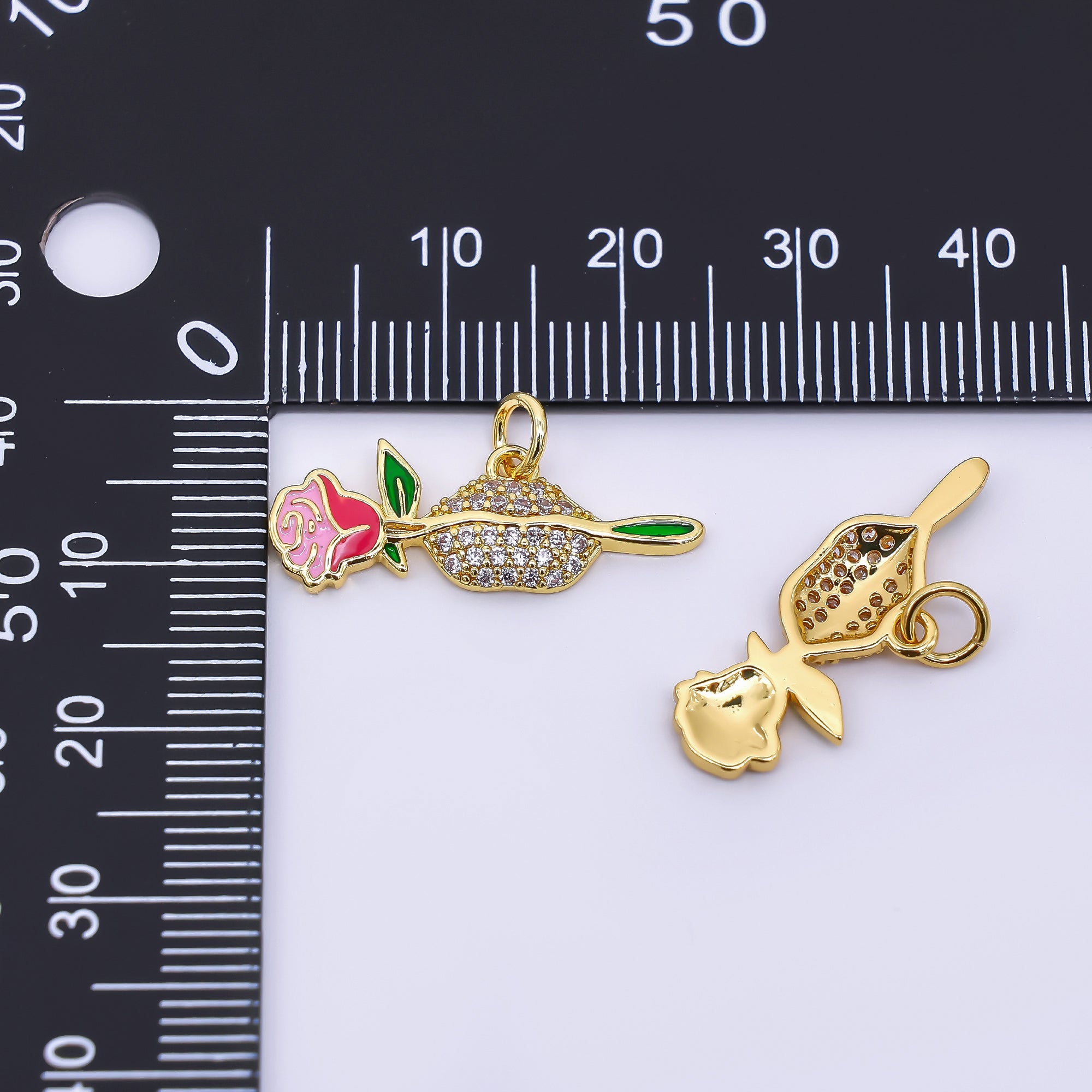 24K Gold Filled 9mm Micro Paved CZ Enamel Art Mouth & Rose Flower Charm | AF-514