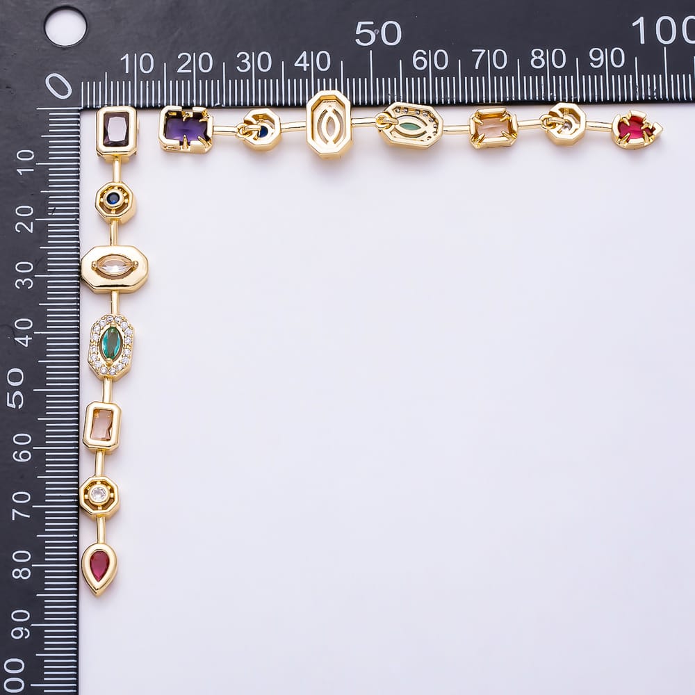 16K Gold Filled 84.5mm Multicolor CZ Micro Paved CZ Multi Cut Geometric Gemstone Bar Bead | Beads-00628