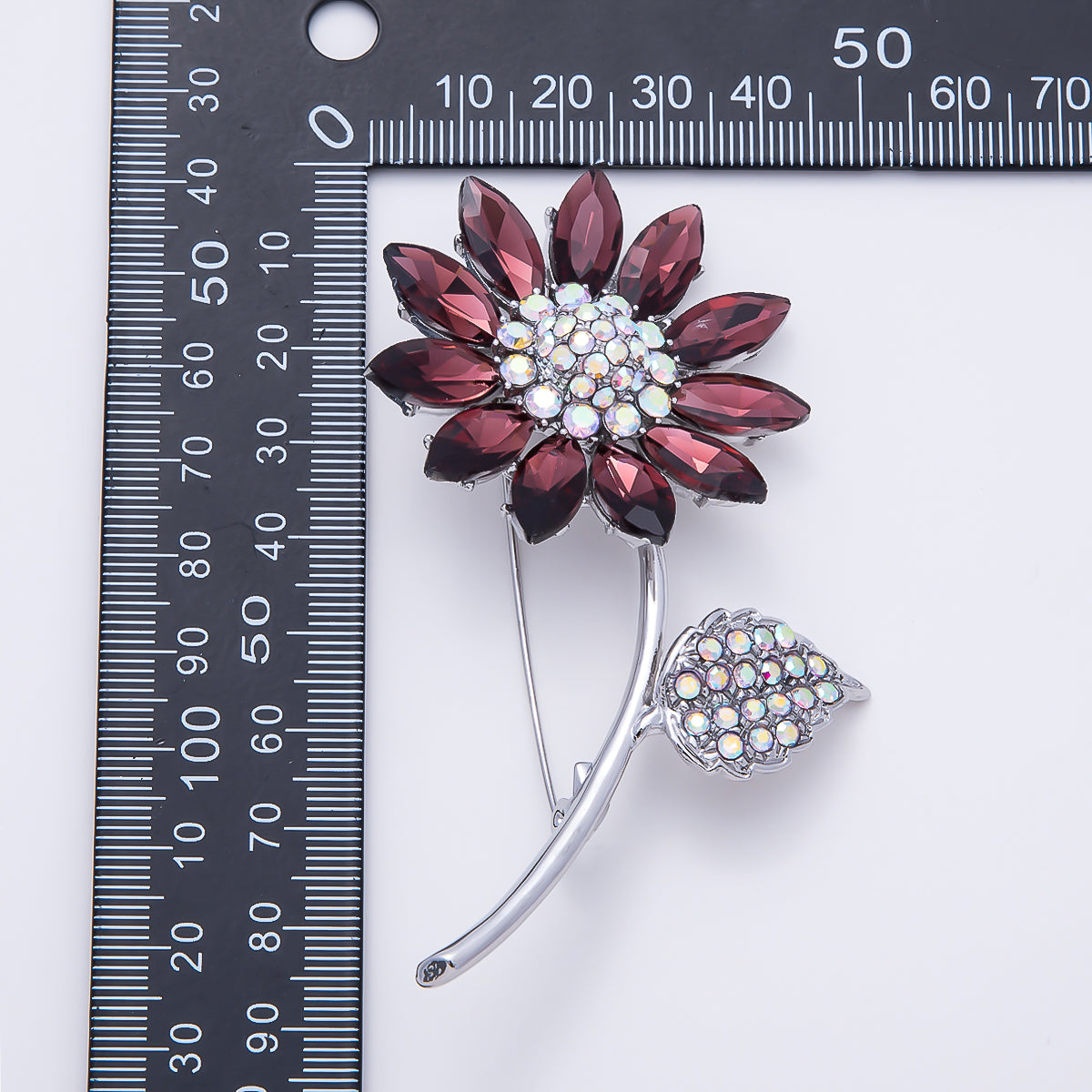 Silver 88mm Red Marquise Clear Iridescent Rhinestone Flower Plant Pin Brooch | BH-00190