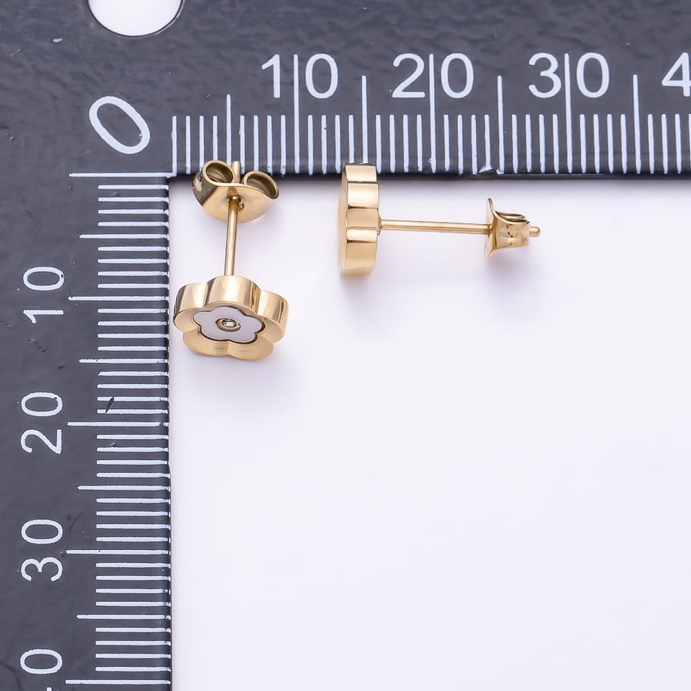 Stainless Steel PVD 8mm Clear CZ Shell Pearl Flower Outline Bezel Stud Earrings in Gold & Silver | Earrings-01157 Earrings-01158