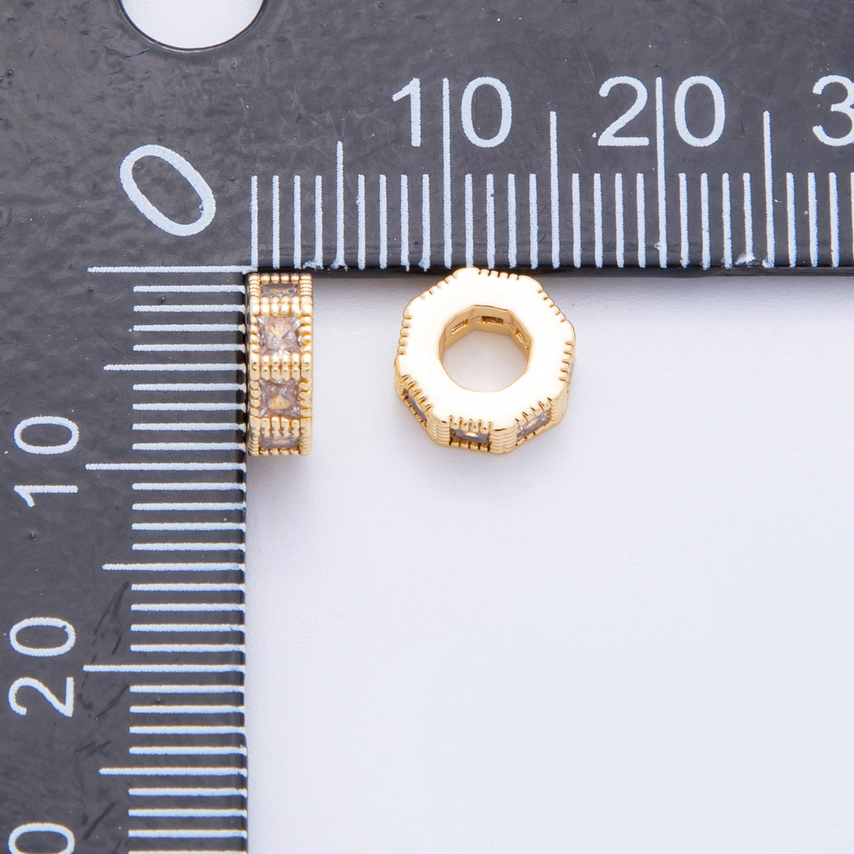 18K Gold Filled Clear CZ Baguette Line-Textured Rondelle Bead Spacer | AF1035