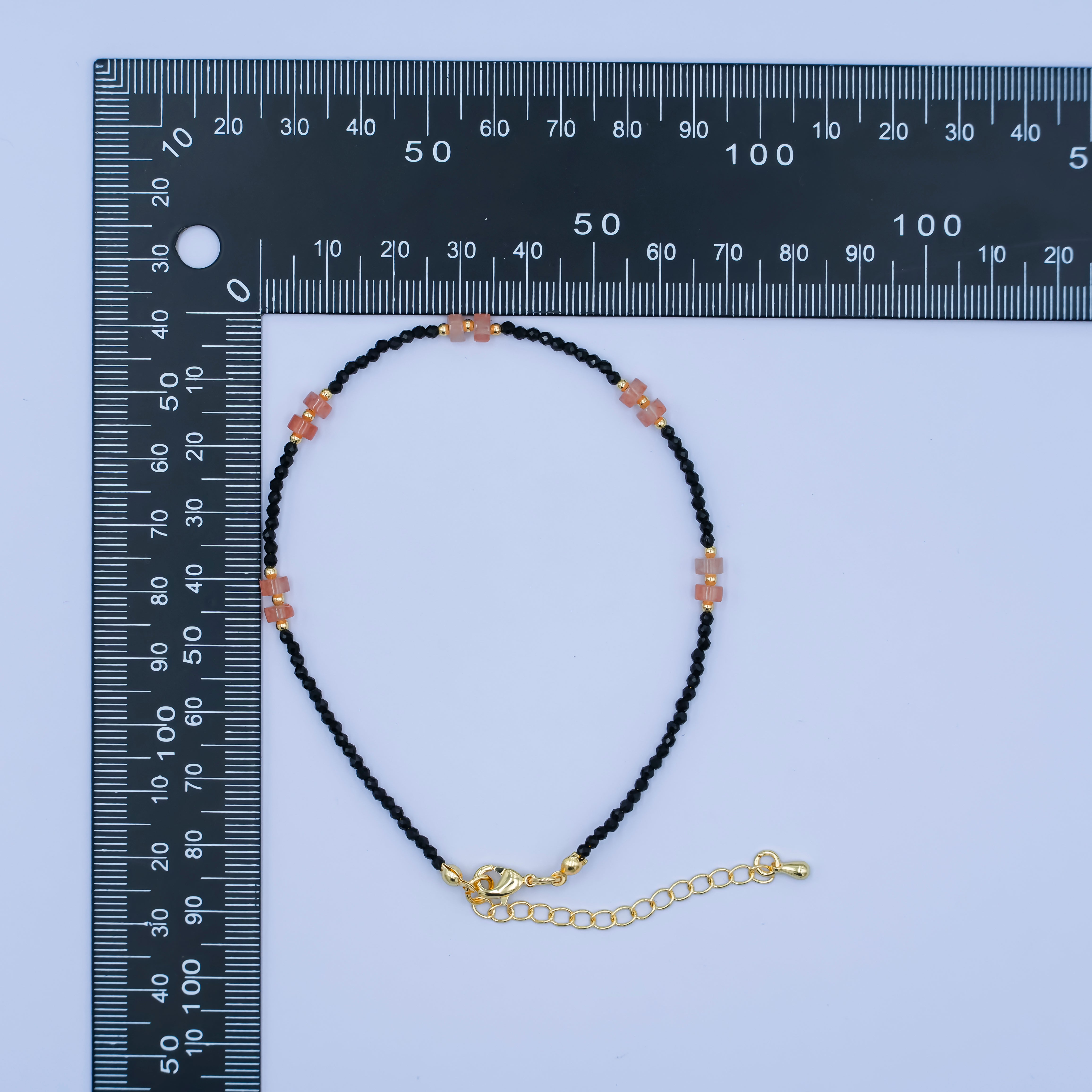 24K Gold Filled 2mm Pink Black Multifaceted Gemstone 9 Inch Anklet | WA-2949