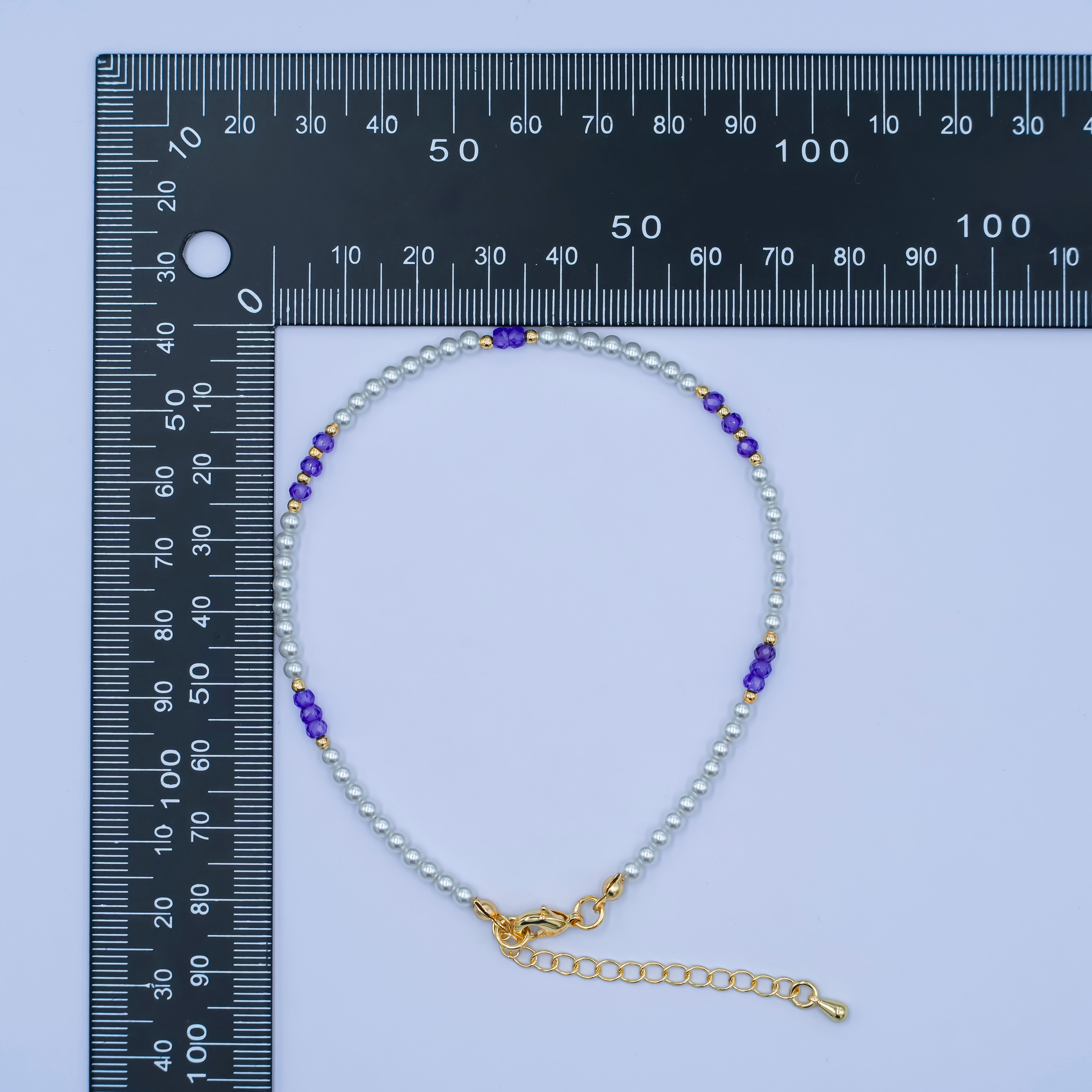 24K Gold Filled 2mm Purple White Round Gemstone 9 Inch Anklet | WA-2948