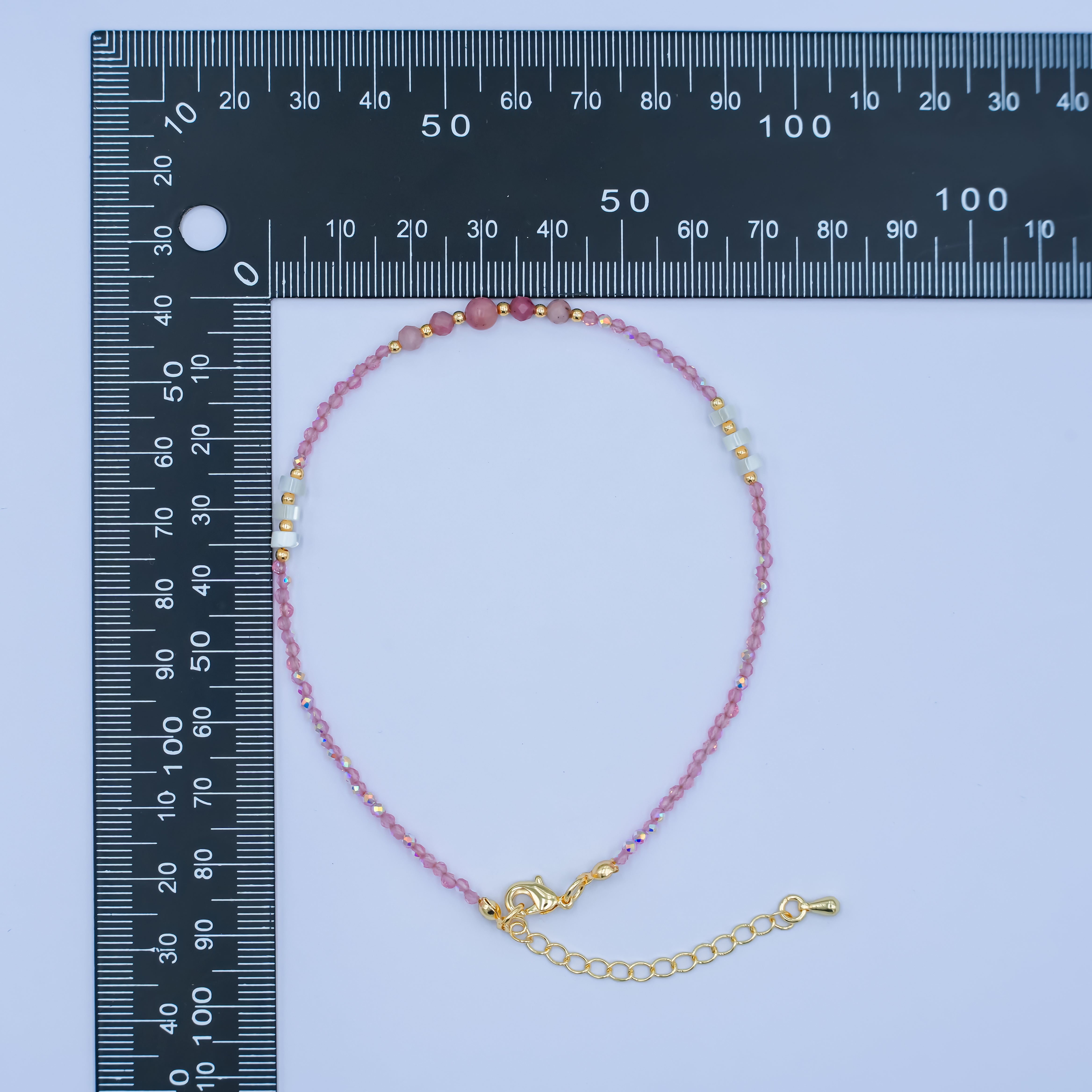 24K Gold Filled 2mm Shell Pearl Pink Quartz Multifaceted Gemstone 9 Inch Anklet | WA-2945
