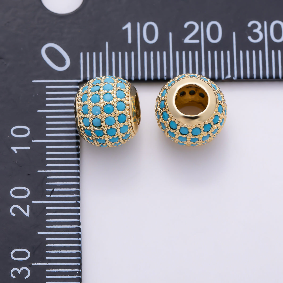 16K Gold Filled 11mm Turquoise Micro Paved CZ Grid Rondelle European Spacer Bead in Gold & Silver | Beads-00560 Beads-00561