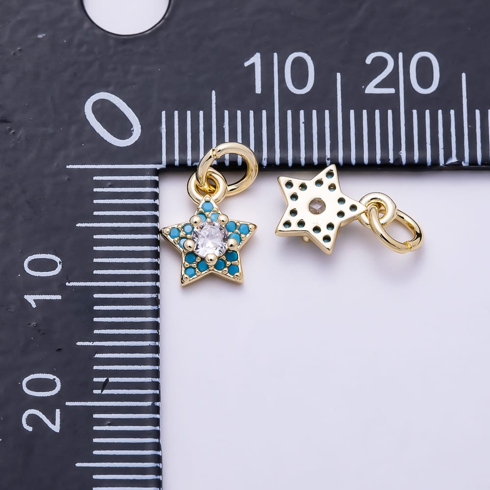 16K Gold Filled 9mm Clear Round CZ Turquoise Celestial Star Charm | Charms-02178