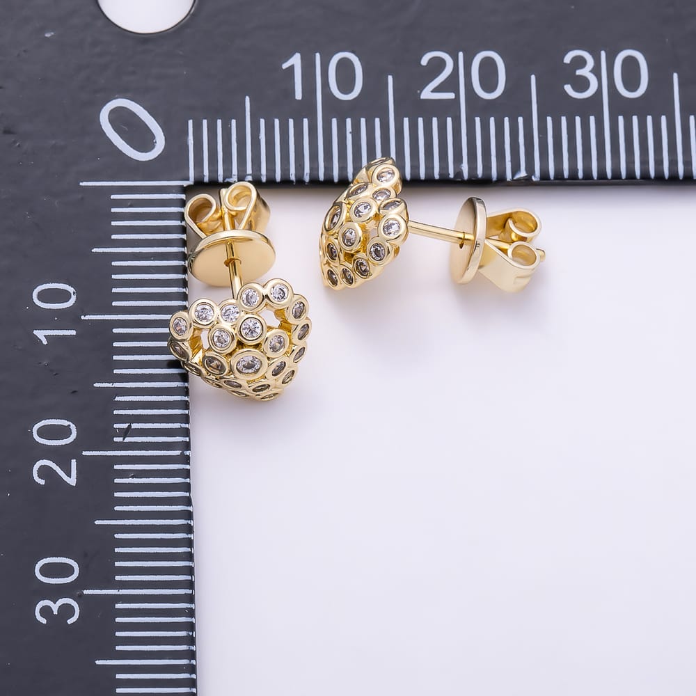 16K Gold Filled 10mm Clear CZ Round Bezel Dome Heart Stud Earrings | Earrings-01096