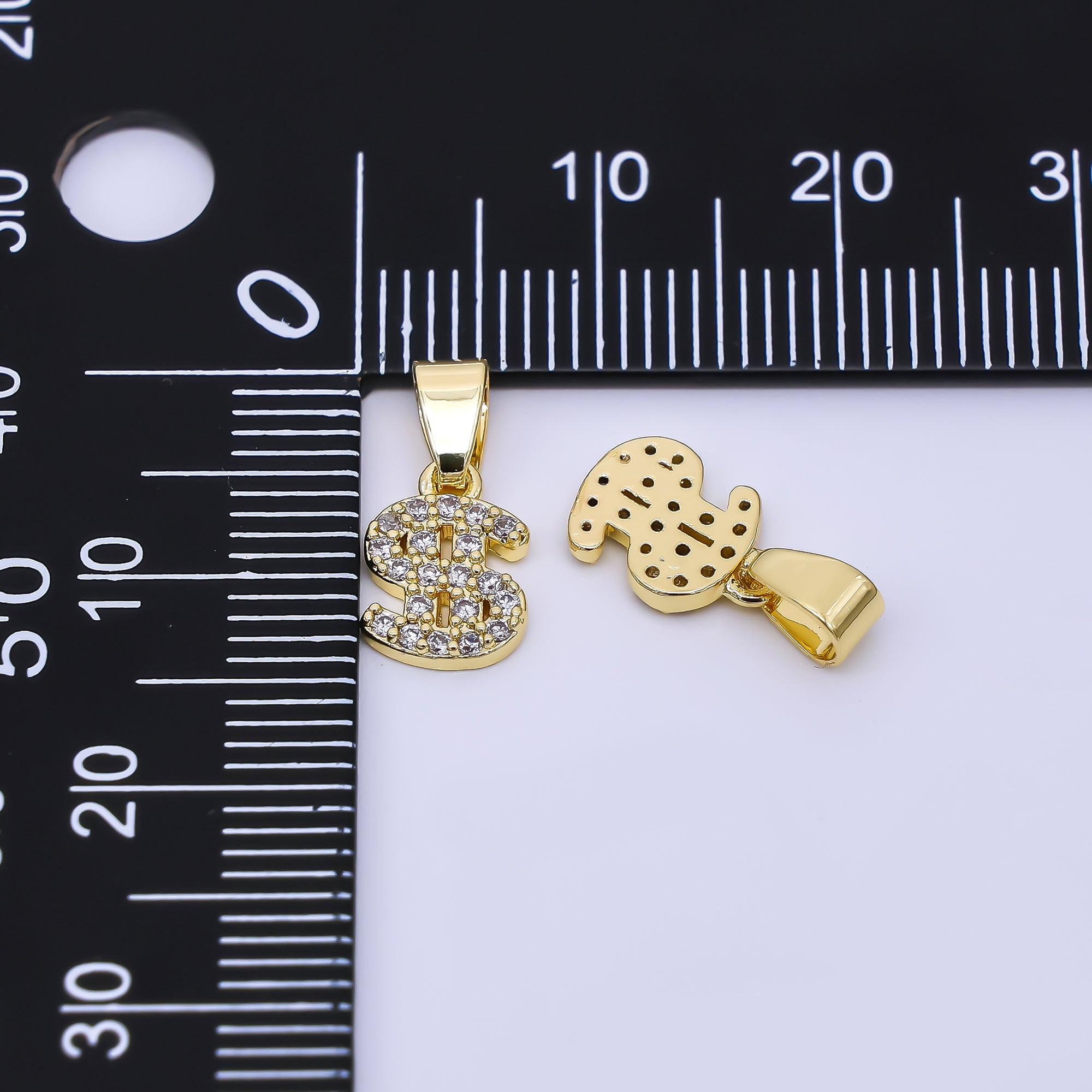24K Gold Filled 9.5mm Micro Paved CZ Money Dollar Sign Pendant | AA-1607