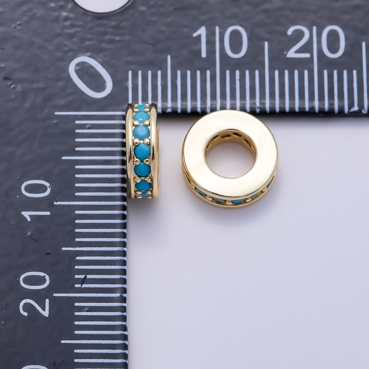 16K Gold Filled 9.5mm Turquoise Micro Paved Rondelle Bead in Gold & Silver | Beads-00542 Beads-00543