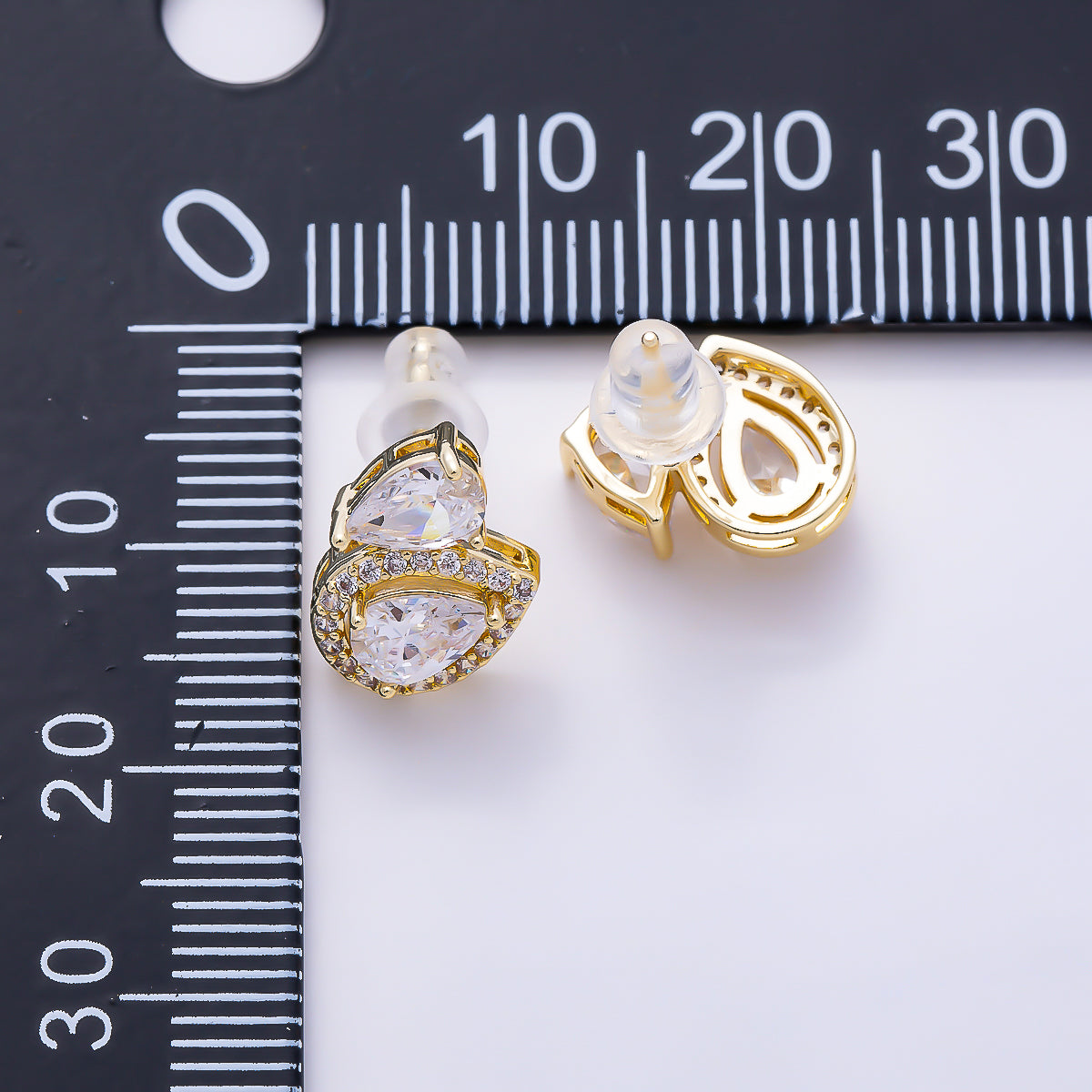 16K Gold Filled 10mm Clear Teardrop Micro Paved CZ Bezel Stud in Gold & Silver | Earrings-00773 Earrings-00774