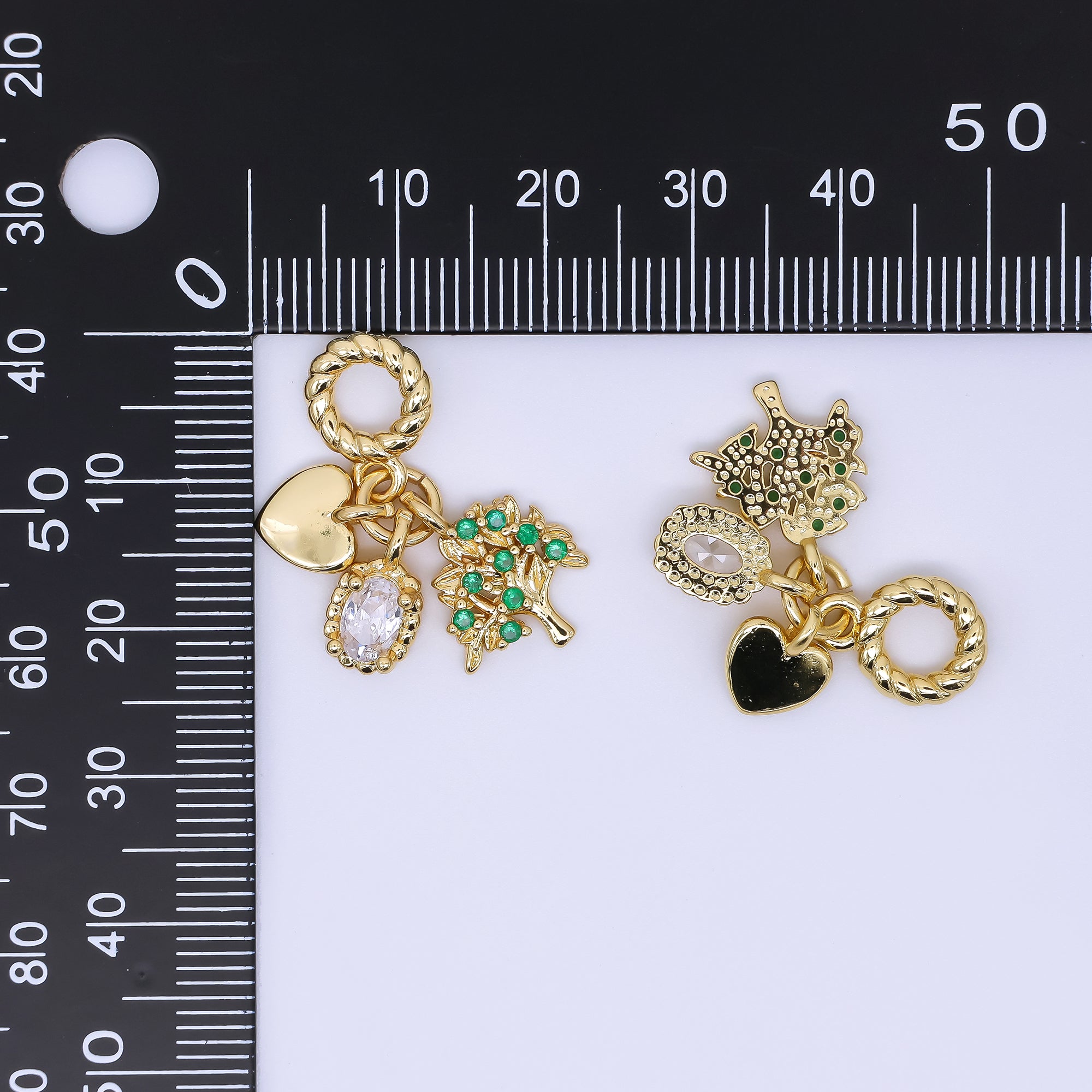 24K Gold Filled 16mm Heart, Clear Oval CZ, & Green Apple Tree Nature Set Rondelle Drop Charm | AC1646