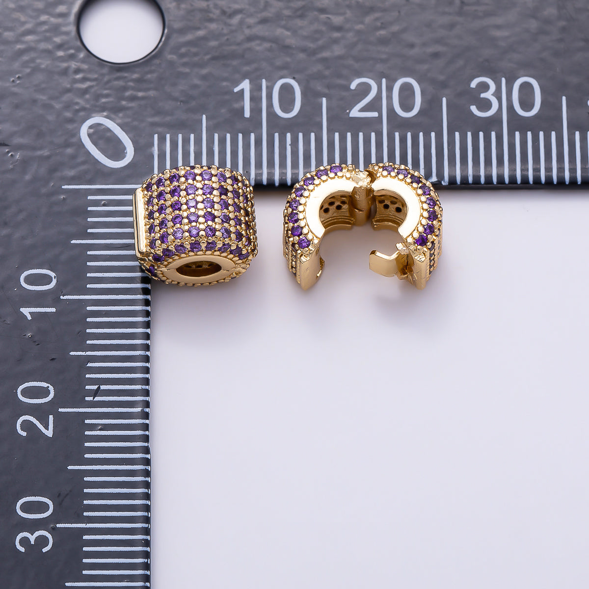 16K Gold Filled 10mm Purple Micro Paved CZ Hinged Clip Wide Bead | Beads-00520