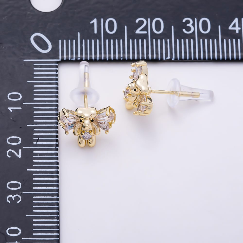 16K Gold Filled 12mm 3D Teddy Bear Clear CZ Crystal Wings Stud Earrings| Earrings-00987 - Earrings-00988