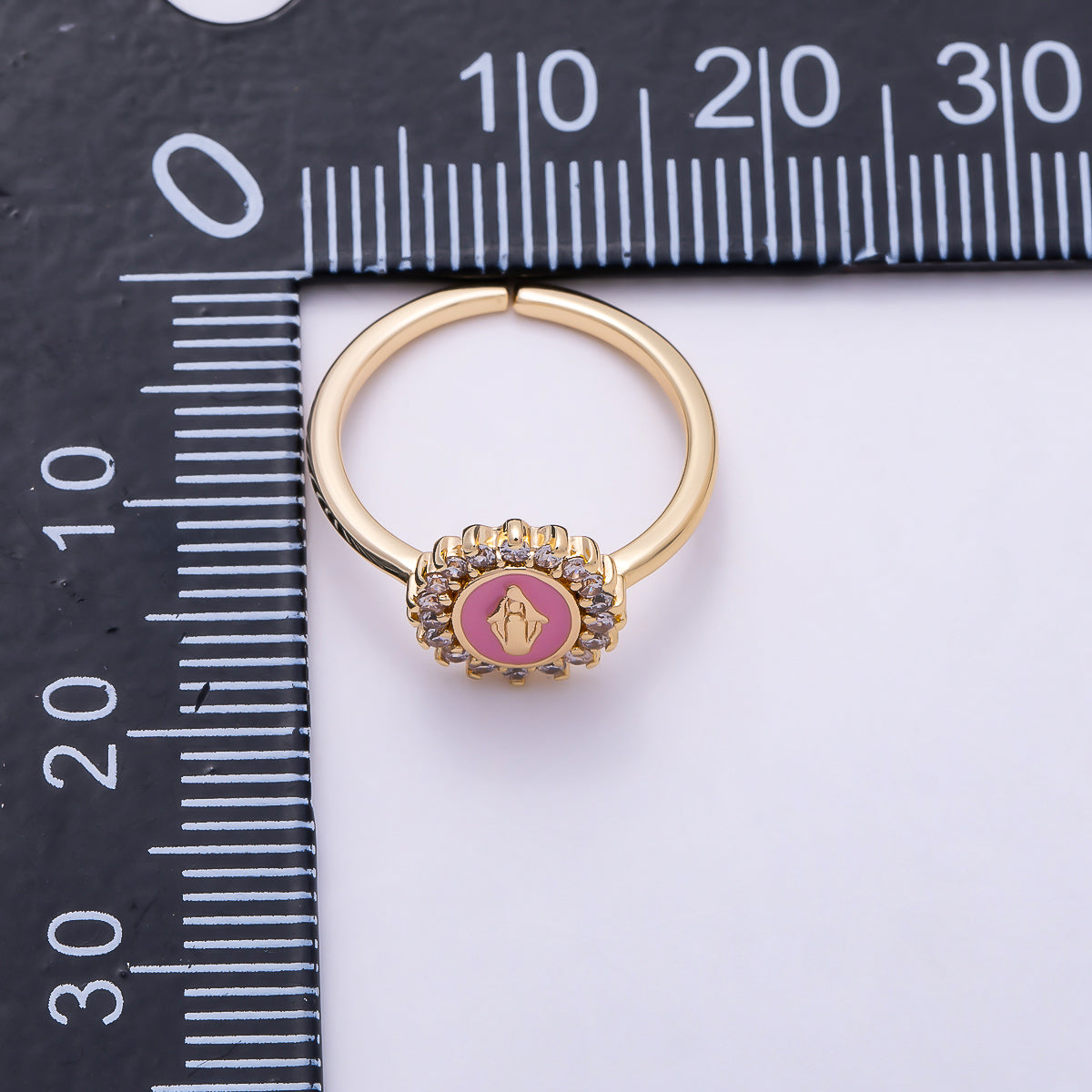 16K Gold Filled Clear CZ Enamel Virgin Mary Oval Adjustable Ring | Rings-00353
