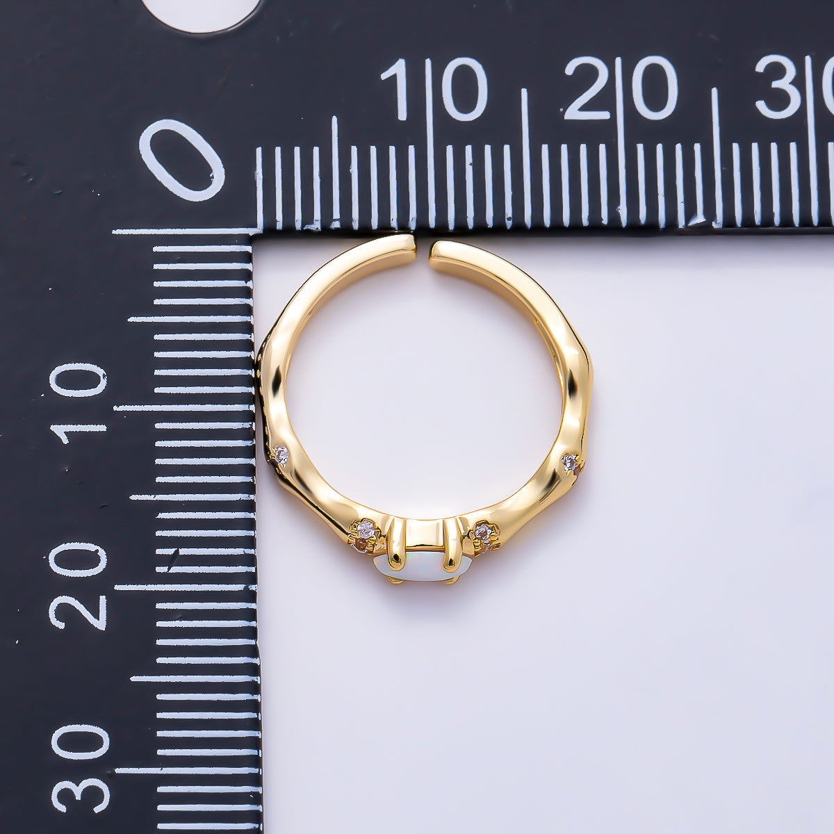 16K Gold Filled Oval White Opal Organic Bamboo Clear CZ Adjustable Ring | Rings-00384