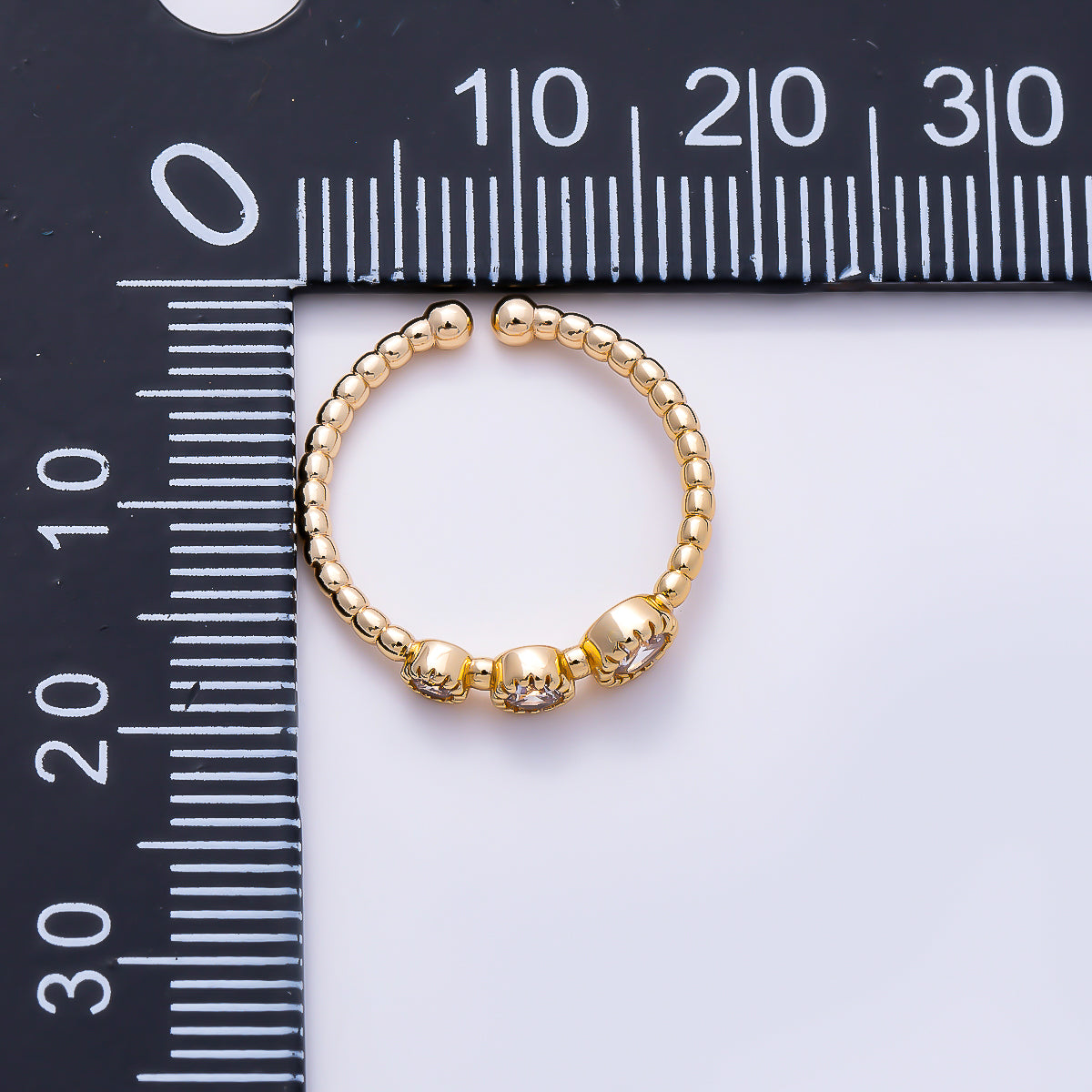 16K Gold Filled Clear Round CZ Trio Beaded Band Open Adjustable Pinky Ring | Rings-00382