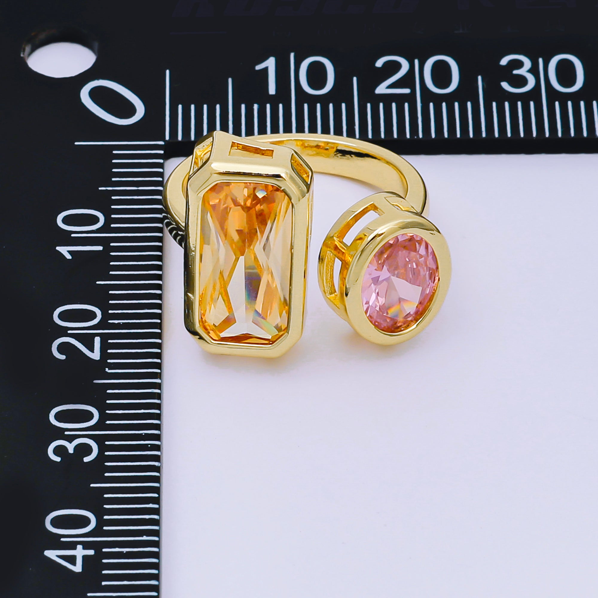 24K Gold Filled Rectangular & Round CZ Duet Sunset Adjustable Ring | O-1452