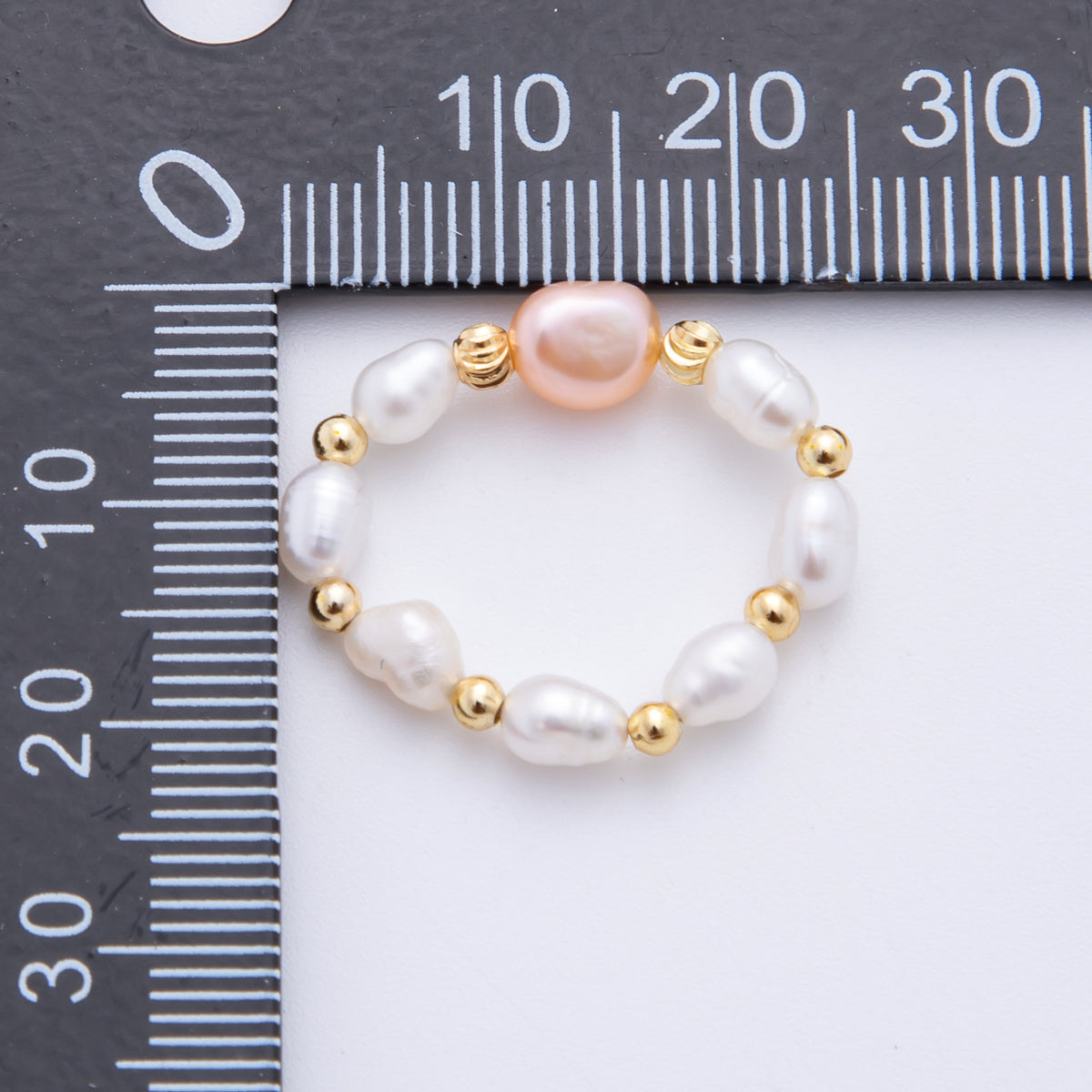 18K Gold Filled Freshwater Pearl Bead Handmade Stretch Ring | O-055