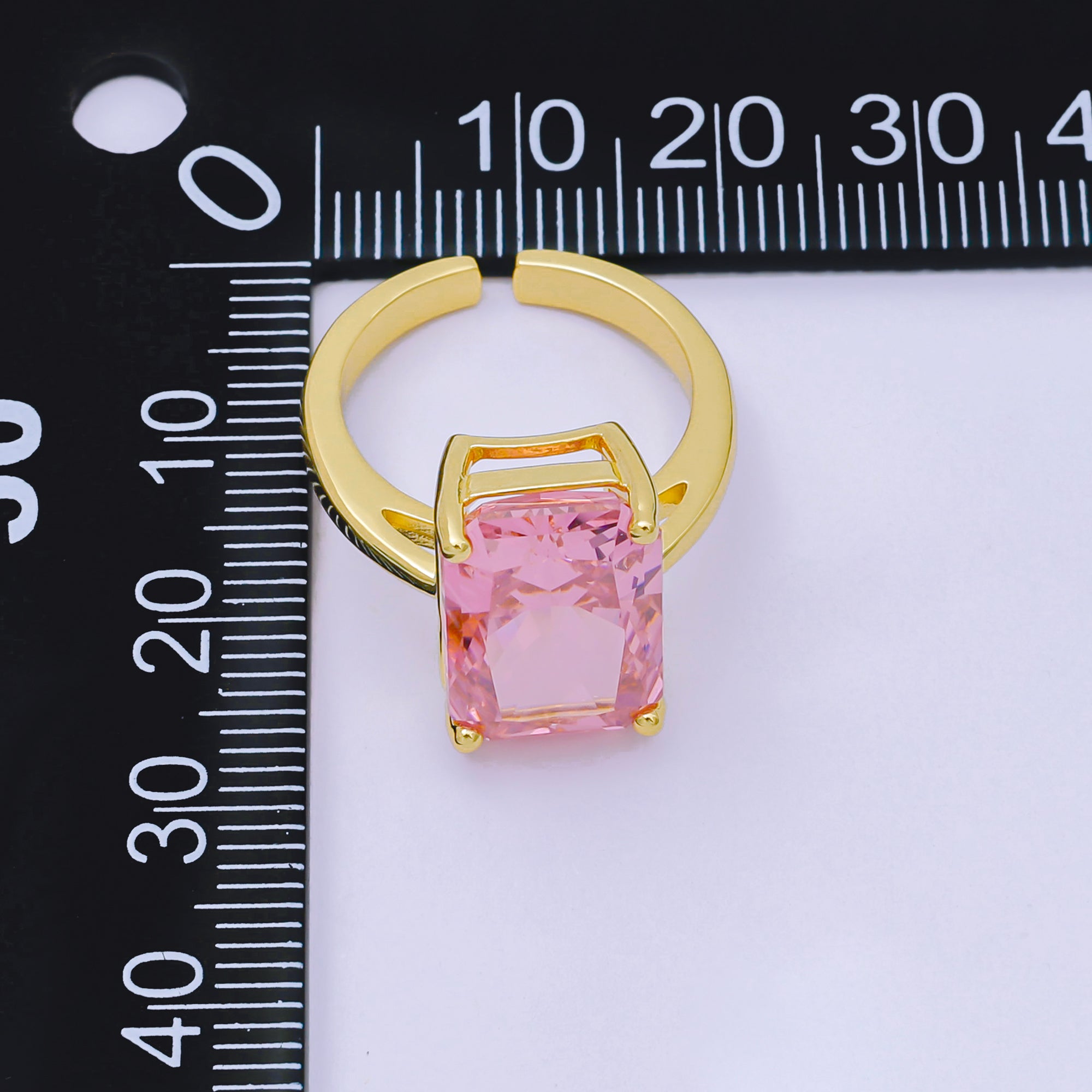 24K Gold Filled Pink & Clear Rectangular CZ Statement Solitaire Adjustable Ring | O-1035 O-1059