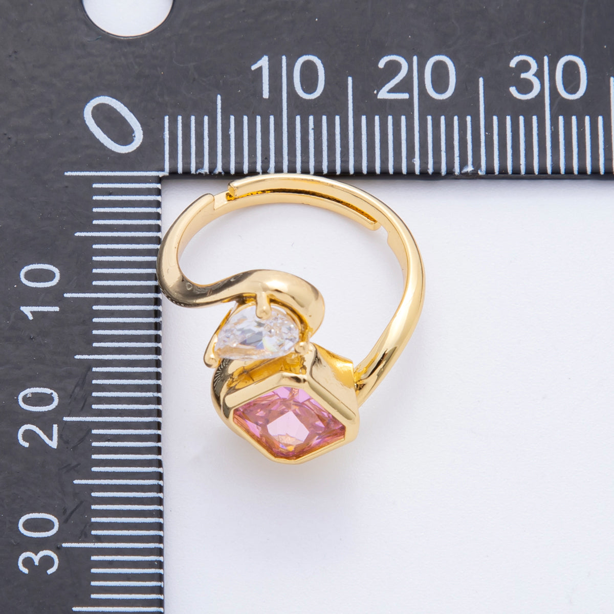 18K Gold Filled Clear, Pink CZ Square Teardrop Curved Adjustable Ring | O238