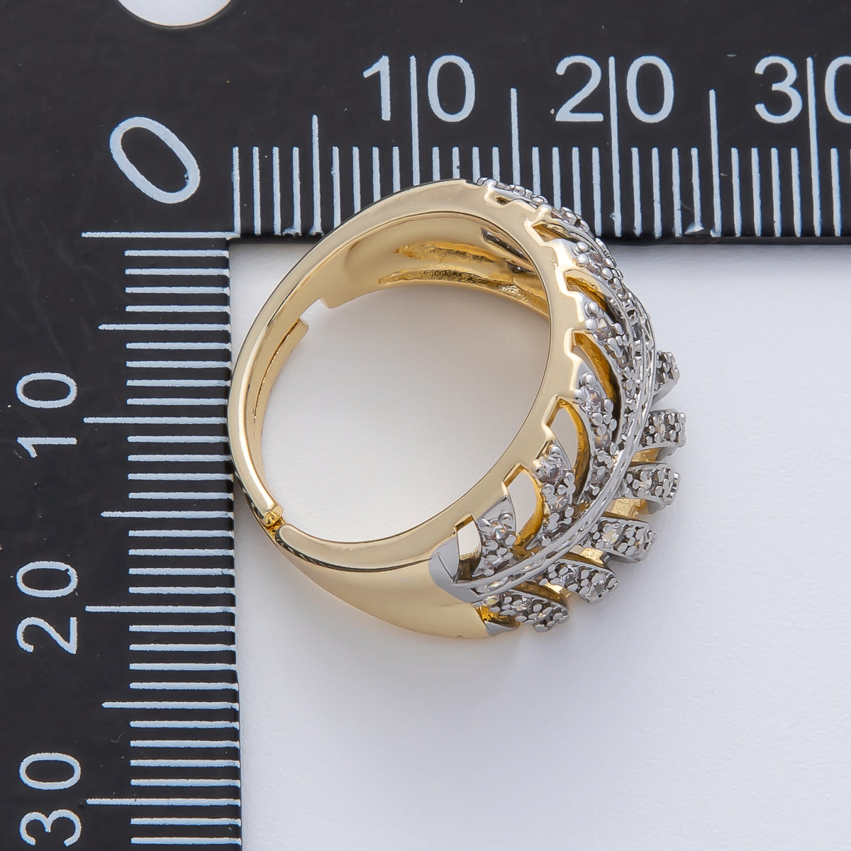 18K Gold Filled Mixed Metal Micro Paved CZ Palm Leaf Ring | O759
