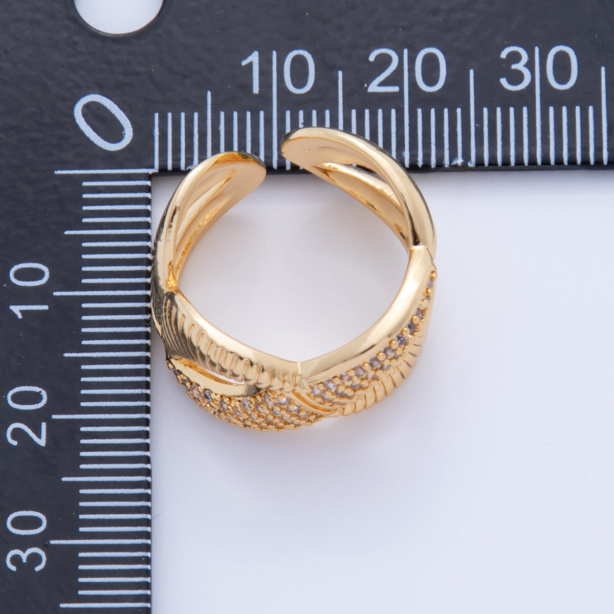 18K Gold Filled Micro Paved CZ Ribbed Geometric Crossed Band Ring | O2020