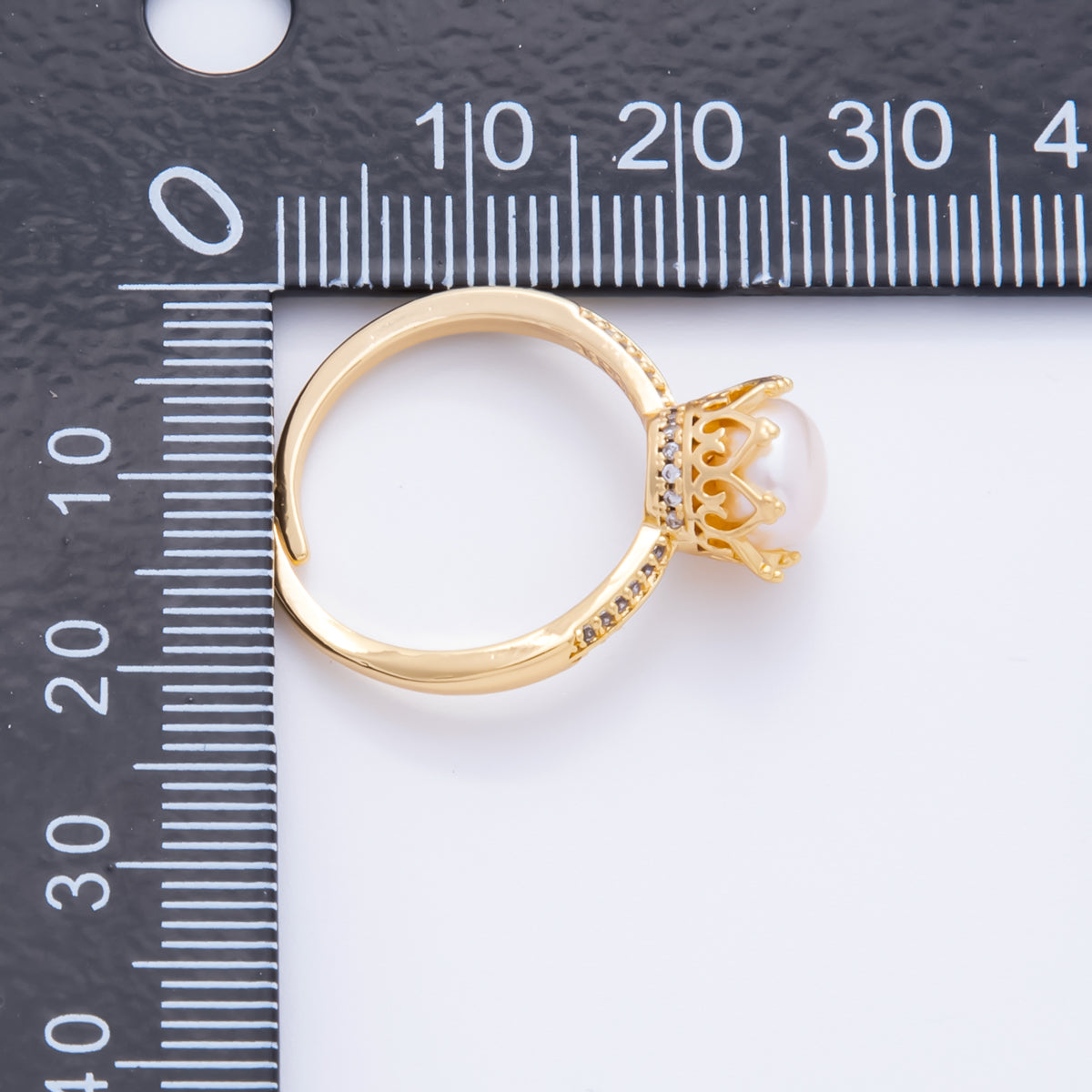 18K Gold Filled Shell Pearl Solitaire Micro Paved CZ Adjustable Ring | O-041