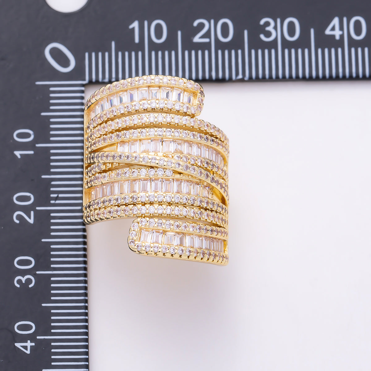 16K Gold Filled Multi-Row Baguette & Round CZ Layered Statement Adjustable Ring | Rings-00347