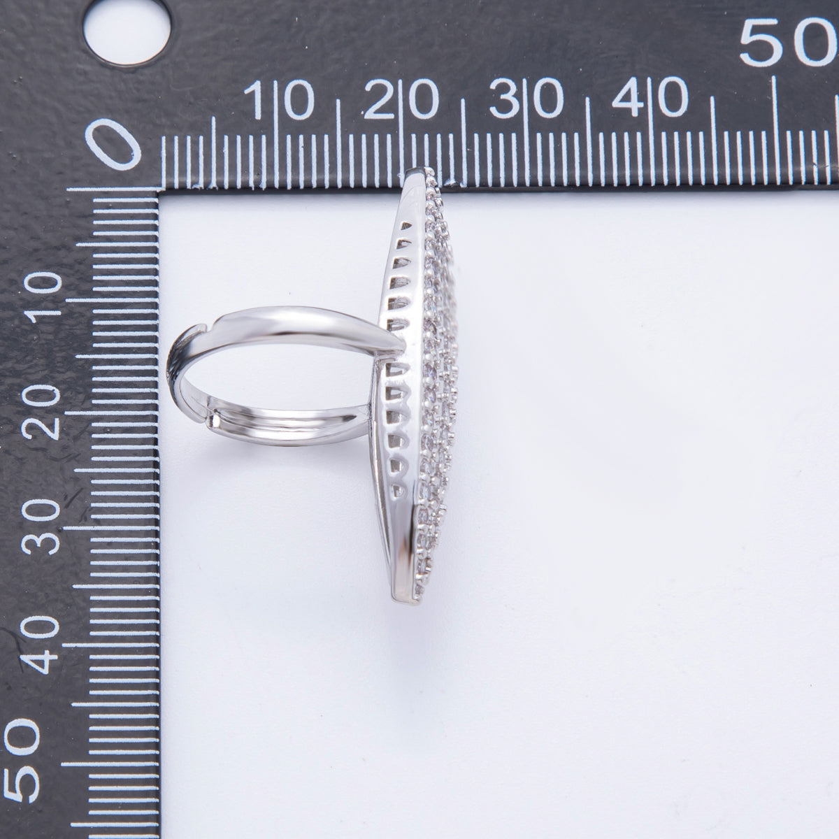 Rhodium Plated Micro Paved CZ Navette Solitaire Adjustable Ring | O288
