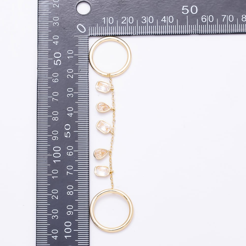 16K Gold Filled Clear CZ Oval Teardrop Baguette Bezel Chain Double Finger Ring | Rings-00424