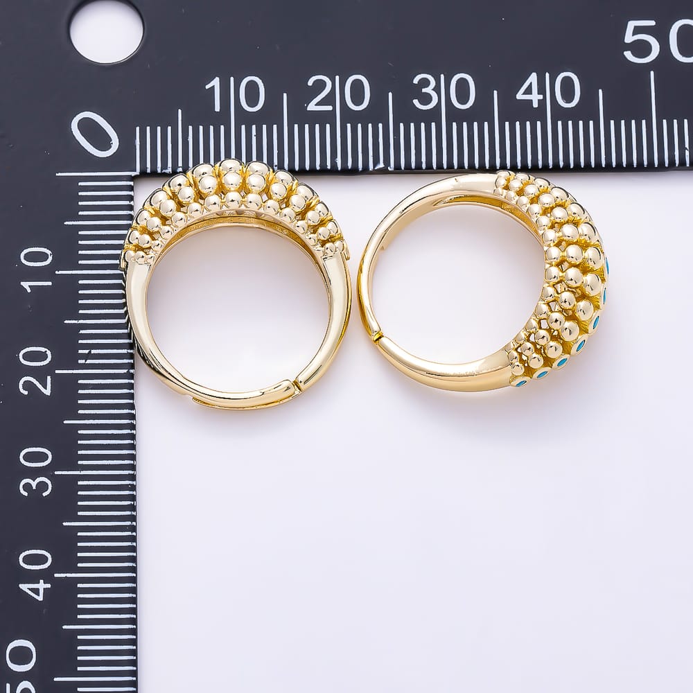 16K Gold Filled Turquoise Micro Paved CZ Multi-Row Beaded Bubble Dome Adjustable Ring | Rings-00409
