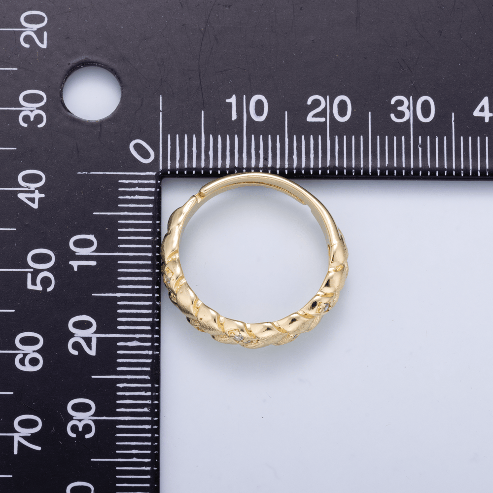 16K Gold Filled Micro Paved CZ Lined Textured Woven Adjustable Ring | Rings-00435