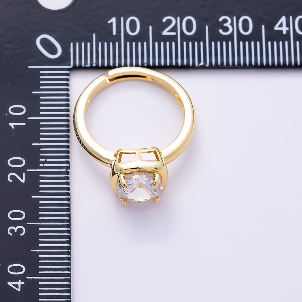 16K Gold Filled Round Solitaire CZ Square Bezel Adjustable Ring | Rings-00418