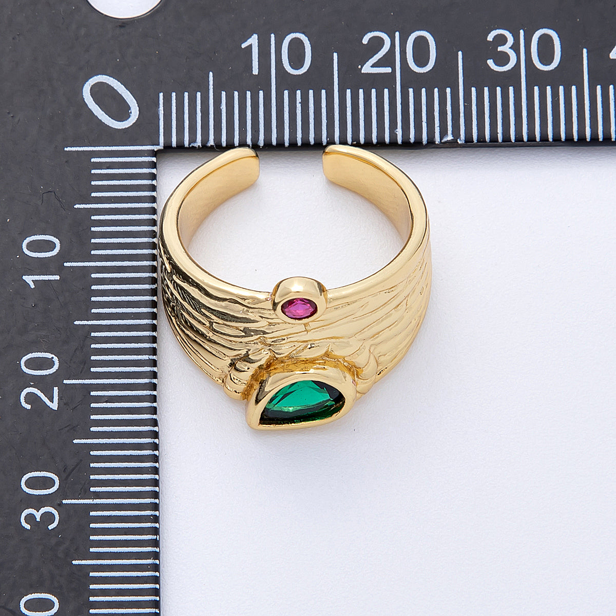 16K Gold Filled Green Fuchsia CZ Textured Wide Band Ring | Rings-00028