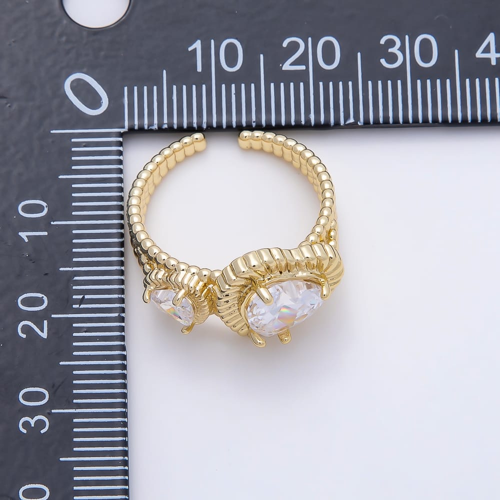 16K Gold Filled Clear CZ Ribbed Textured Double Heart Open Adjustable Ring | Rings-00417