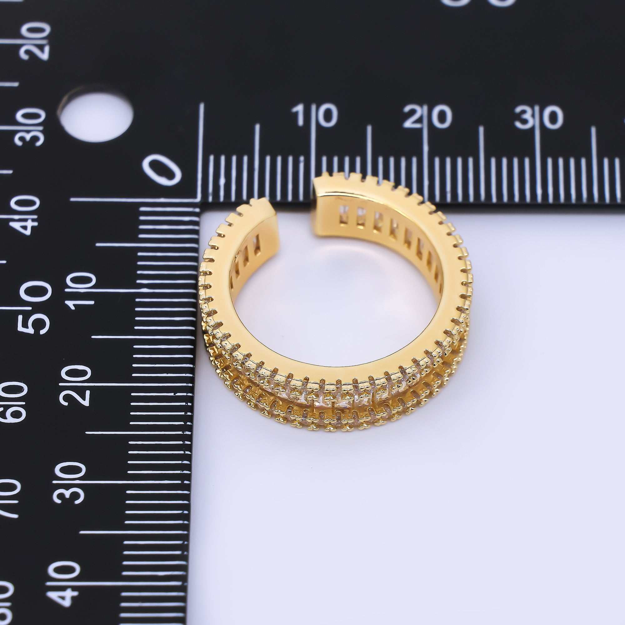24K Gold Filled Baguette & Micro Paved CZ Simple Crown Adjustable Open Ring | O1037