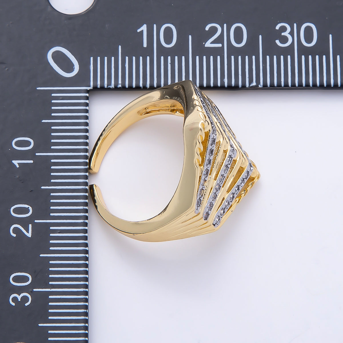 16K Gold Filled Micro Paved CZ Geometric Chevron Mixed Metal Ring | Rings-00195