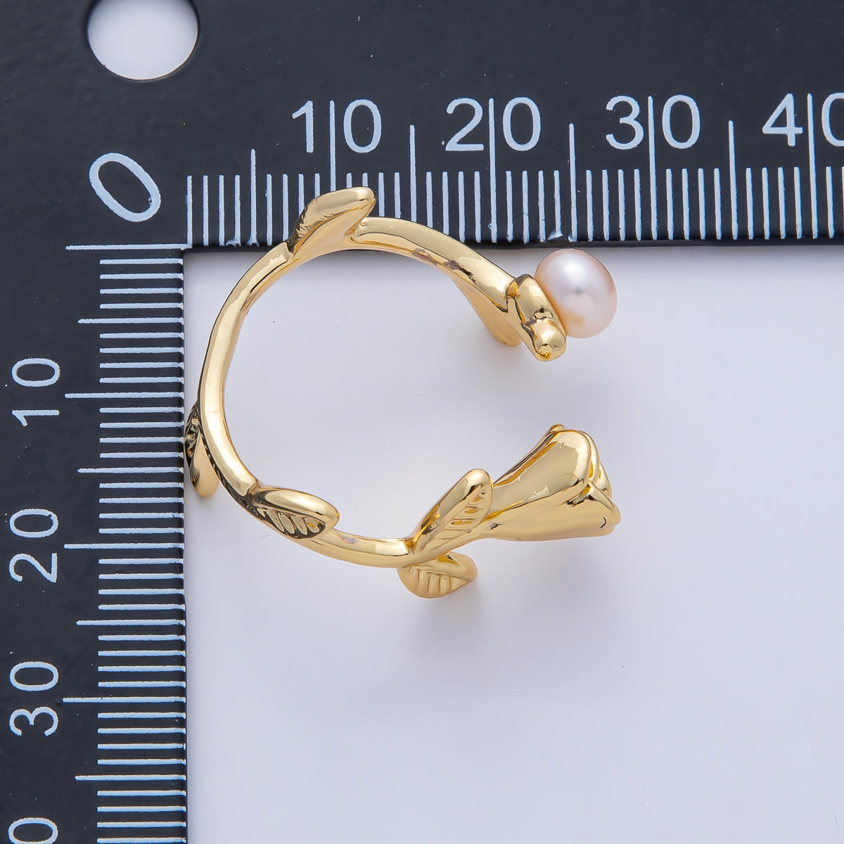 18K Gold Filled Blooming Rose Flower with Champagne and White Shell Pearl Nature Inspired Adjustable Ring | O799