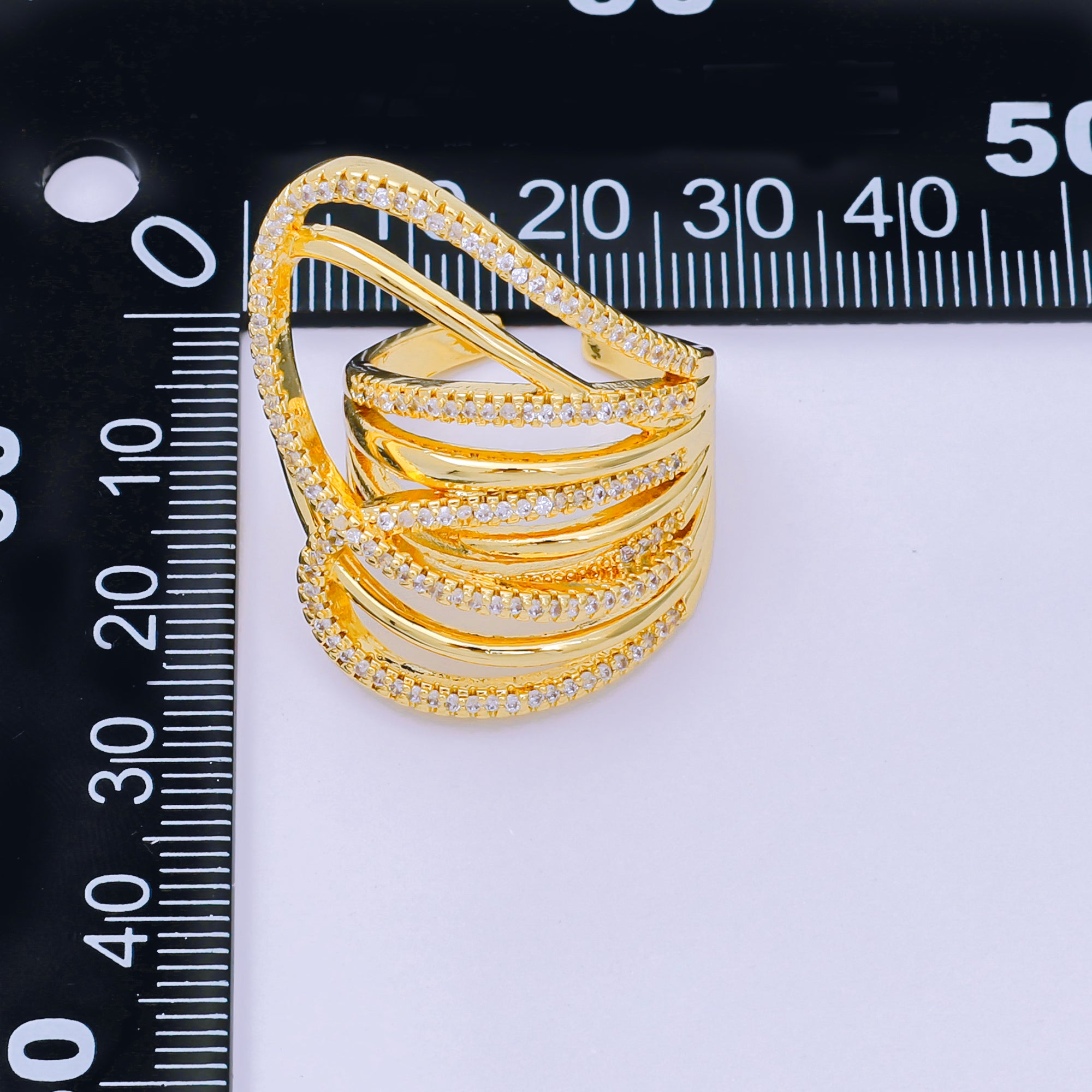 24K Gold Filled Micro Paved CZ Cascade Stackable Wave Adjustable Ring | O-1477