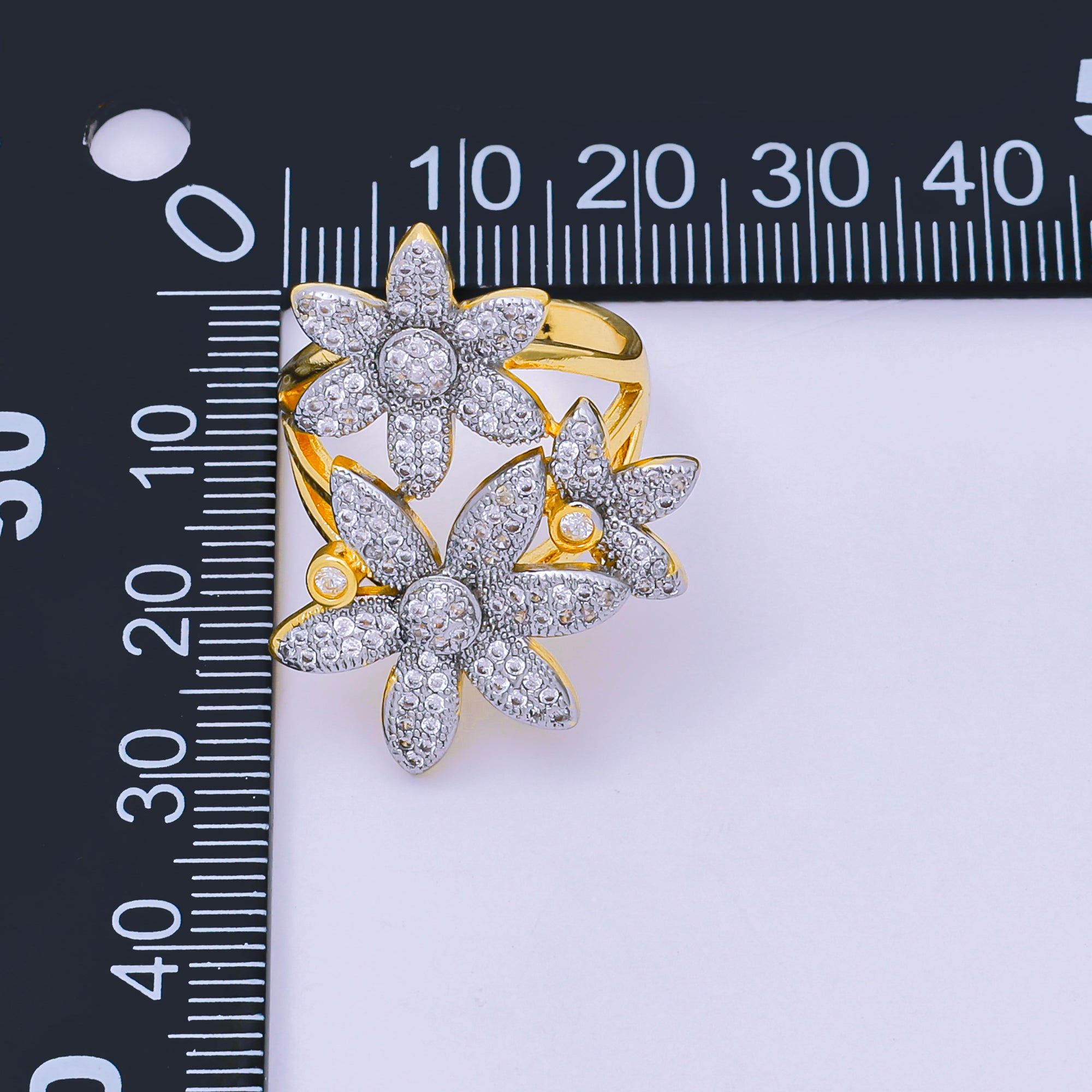 24K Gold Filled Micro Paved CZ Two-Tone Triple Blooming of Flower Adjustable Ring | O-1487