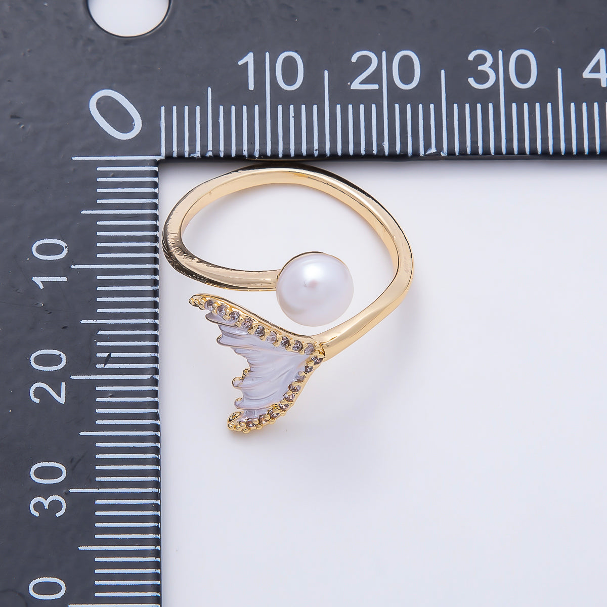 16K Gold Filled Shell Pearl Micro Paved CZ White Enamel Mermaid Tail Ring | Rings-00332