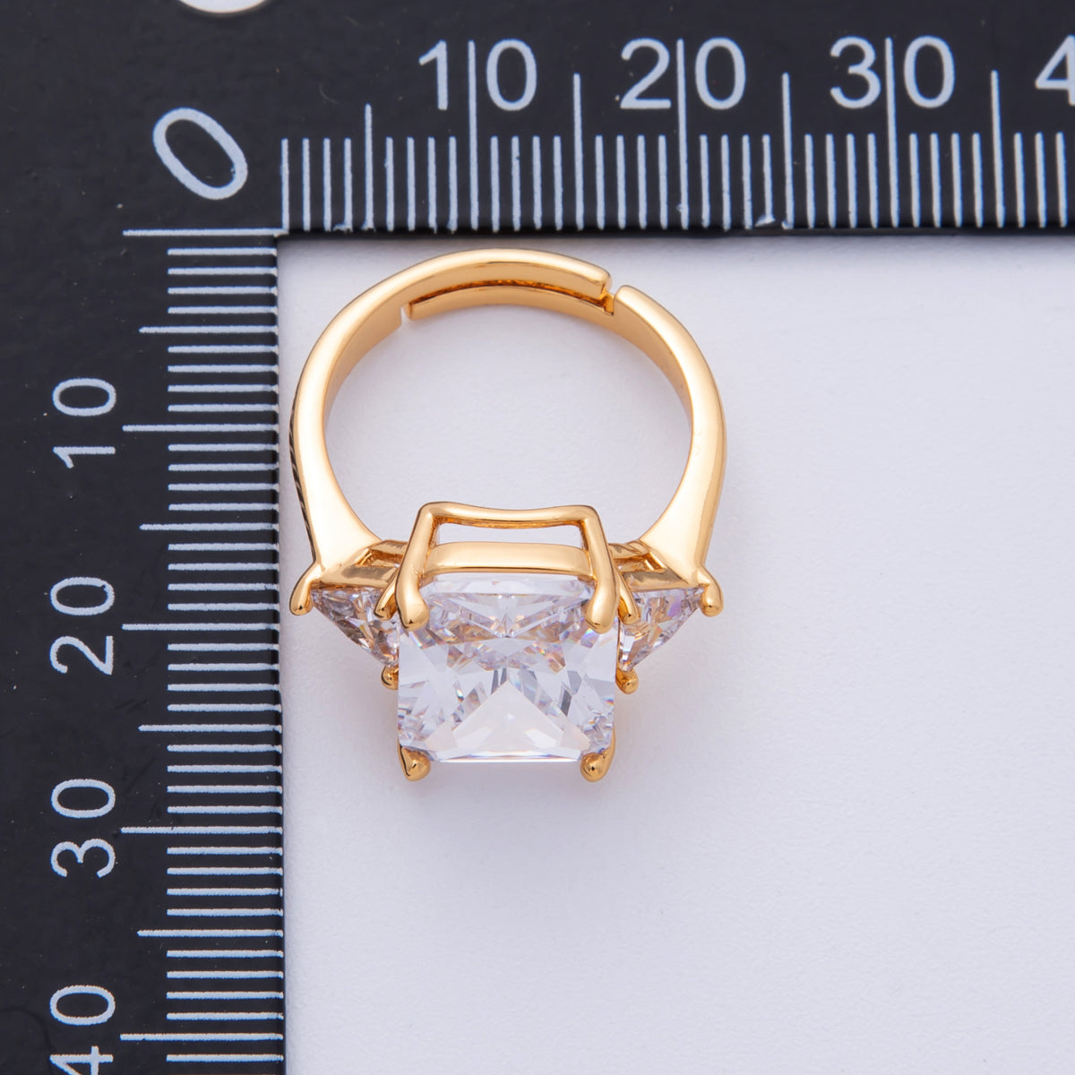 18K Gold Filled Pink, Clear CZ Baguette Triangle Solitaire Adjustable Ring | O805