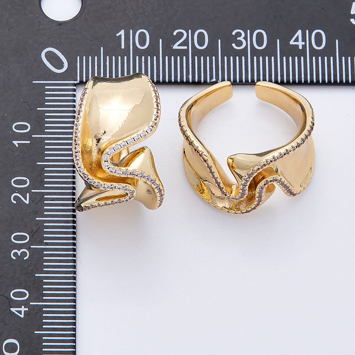 16K Gold Filled Micro Paved CZ Wavy Abstract Statement Ring | Rings-00021